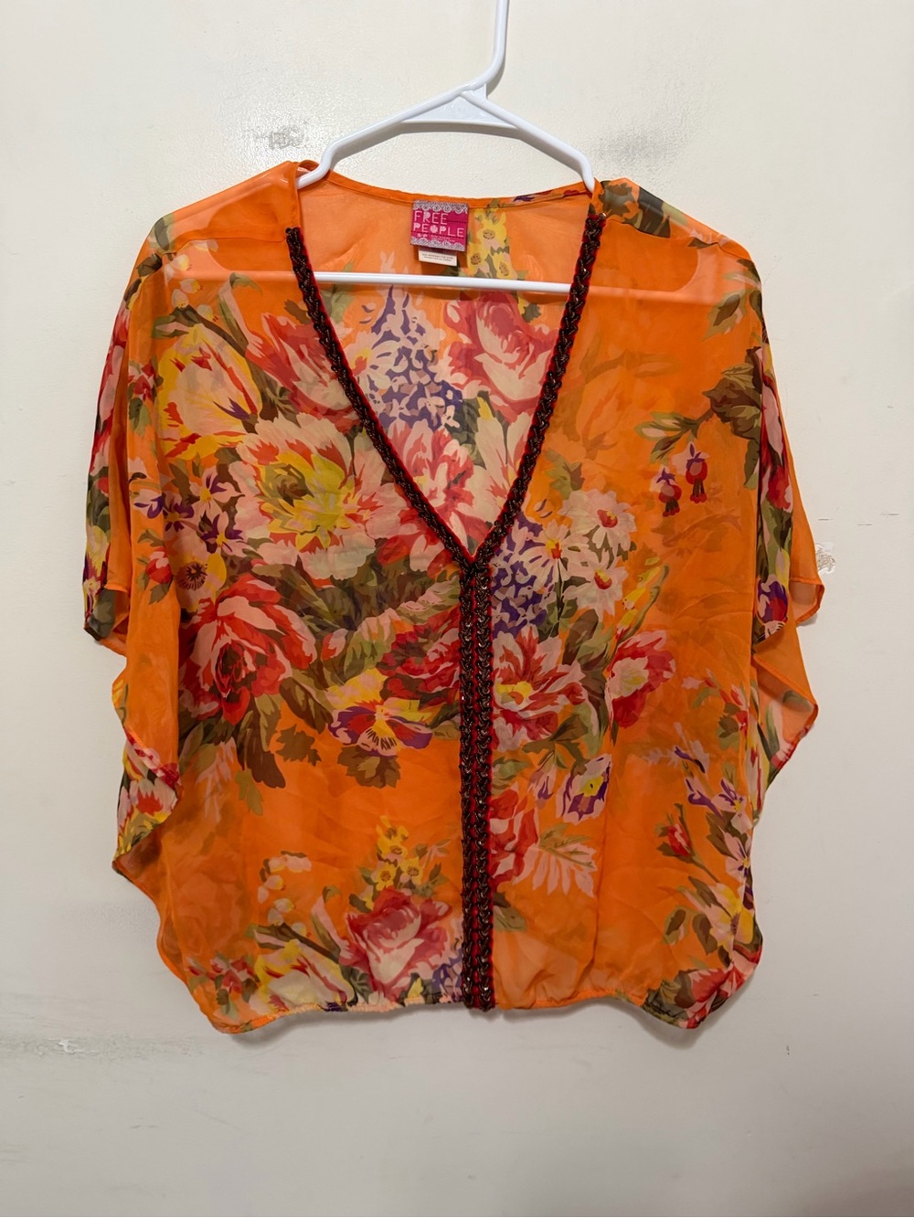 Free People Orange Floral Sheer Kimono Cardigan Boho Festival Cover Up S